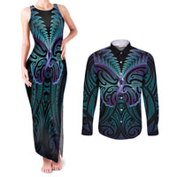 Suicide Prevention New Zealand Couples Matching Tank Maxi Dress and Long Sleeve Button Shirt Aotearoa Maori Butterfly Mix Silver Fern LT14 Black - Polynesian Pride
