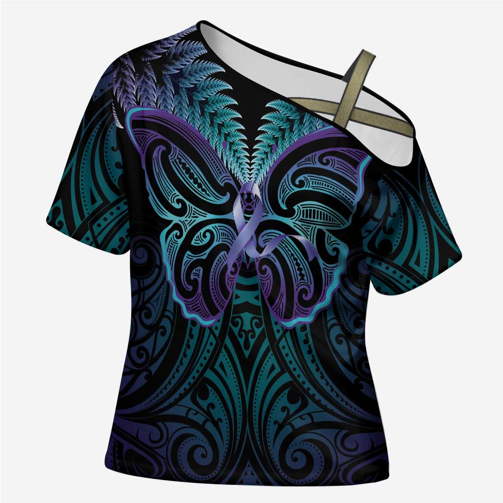 Suicide Prevention New Zealand Cross Shoulder Shirt Aotearoa Maori Butterfly Mix Silver Fern LT14 Female Black - Polynesian Pride