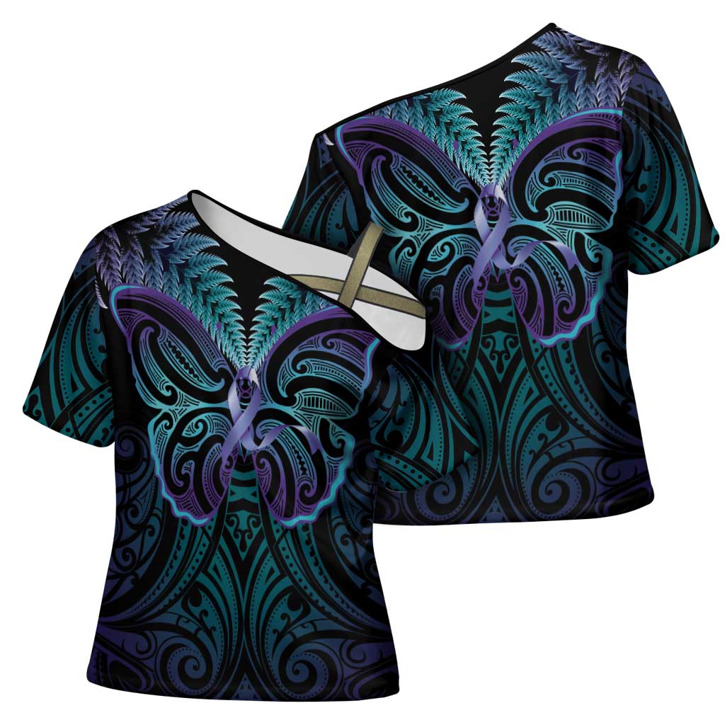 Suicide Prevention New Zealand Cross Shoulder Shirt Aotearoa Maori Butterfly Mix Silver Fern LT14 - Polynesian Pride