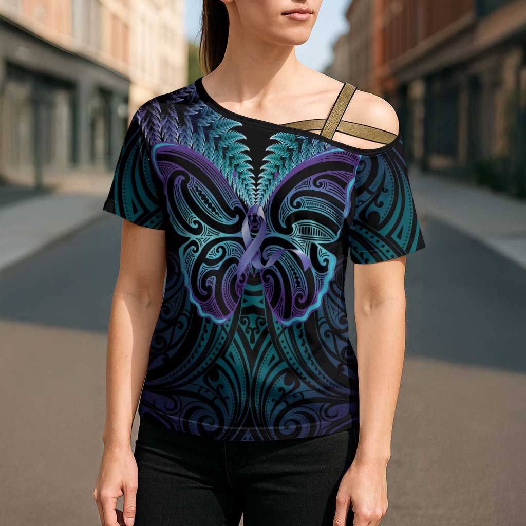 Suicide Prevention New Zealand Cross Shoulder Shirt Aotearoa Maori Butterfly Mix Silver Fern LT14 - Polynesian Pride