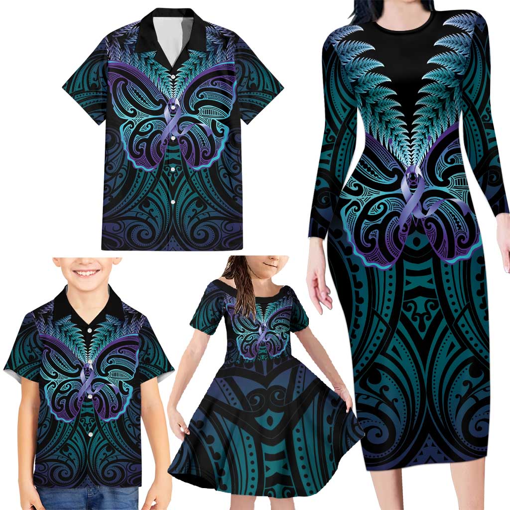 Suicide Prevention New Zealand Family Matching Long Sleeve Bodycon Dress and Hawaiian Shirt Aotearoa Maori Butterfly Mix Silver Fern LT14 - Polynesian Pride