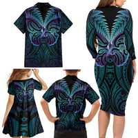 Suicide Prevention New Zealand Family Matching Long Sleeve Bodycon Dress and Hawaiian Shirt Aotearoa Maori Butterfly Mix Silver Fern LT14 - Polynesian Pride