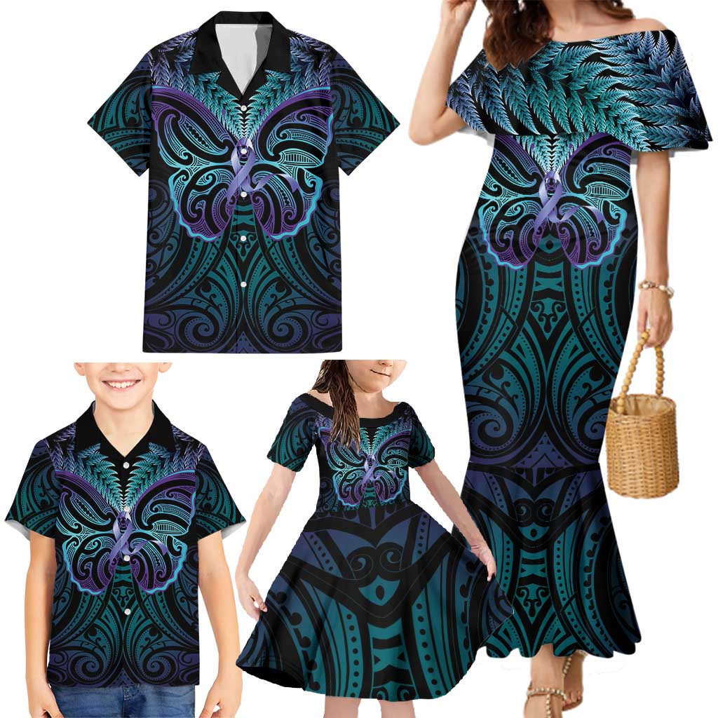 Suicide Prevention New Zealand Family Matching Mermaid Dress and Hawaiian Shirt Aotearoa Maori Butterfly Mix Silver Fern LT14 - Polynesian Pride