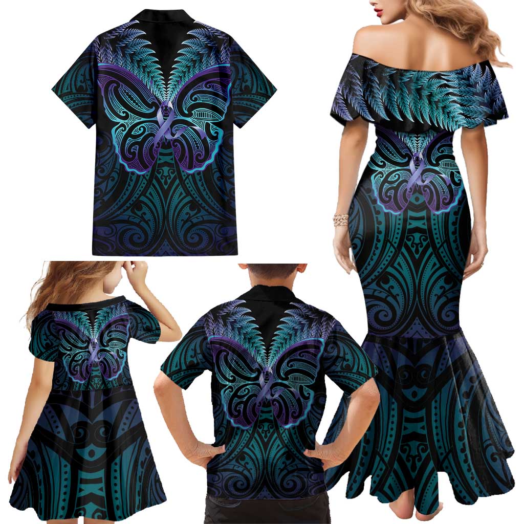 Suicide Prevention New Zealand Family Matching Mermaid Dress and Hawaiian Shirt Aotearoa Maori Butterfly Mix Silver Fern LT14 - Polynesian Pride
