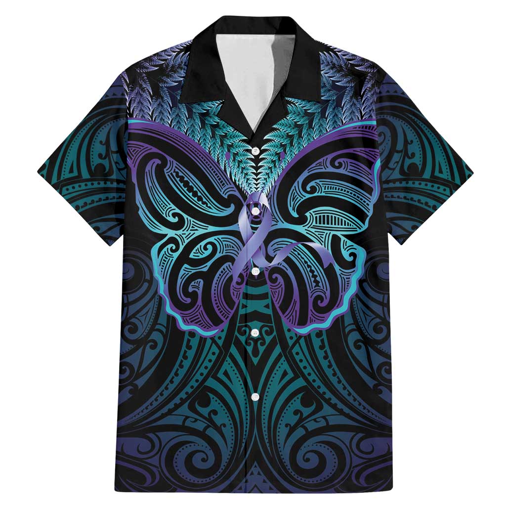 Suicide Prevention New Zealand Family Matching Mermaid Dress and Hawaiian Shirt Aotearoa Maori Butterfly Mix Silver Fern LT14 Dad's Shirt - Short Sleeve Black - Polynesian Pride