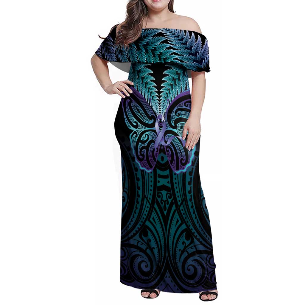 Suicide Prevention New Zealand Family Matching Off Shoulder Maxi Dress and Hawaiian Shirt Aotearoa Maori Butterfly Mix Silver Fern LT14 Mom's Dress Black - Polynesian Pride