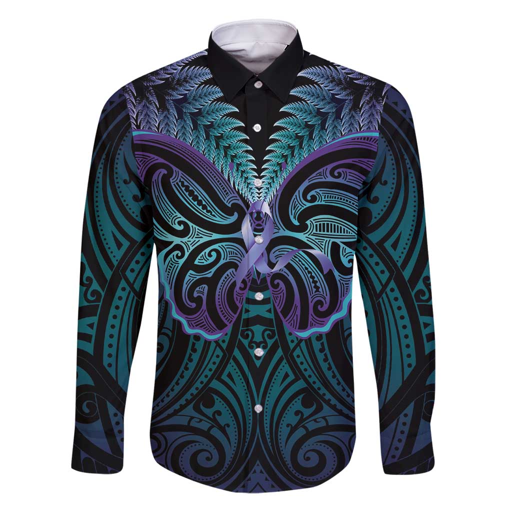 Suicide Prevention New Zealand Family Matching Off Shoulder Short Dress and Hawaiian Shirt Aotearoa Maori Butterfly Mix Silver Fern LT14 Dad's Shirt - Long Sleeve Black - Polynesian Pride