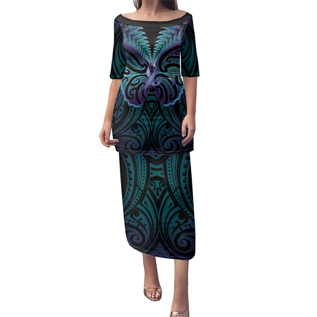 Suicide Prevention New Zealand Family Matching Puletasi and Hawaiian Shirt Aotearoa Maori Butterfly Mix Silver Fern LT14 Mom's Dress Black - Polynesian Pride