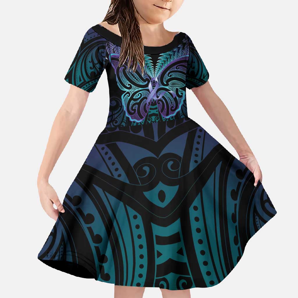Suicide Prevention New Zealand Family Matching Short Sleeve Bodycon Dress and Hawaiian Shirt Aotearoa Maori Butterfly Mix Silver Fern LT14 Daughter's Dress Black - Polynesian Pride