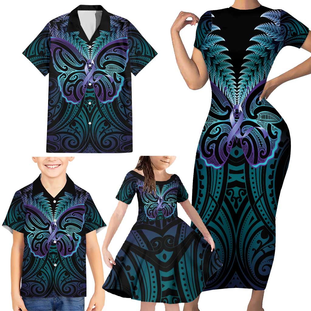 Suicide Prevention New Zealand Family Matching Short Sleeve Bodycon Dress and Hawaiian Shirt Aotearoa Maori Butterfly Mix Silver Fern LT14 - Polynesian Pride