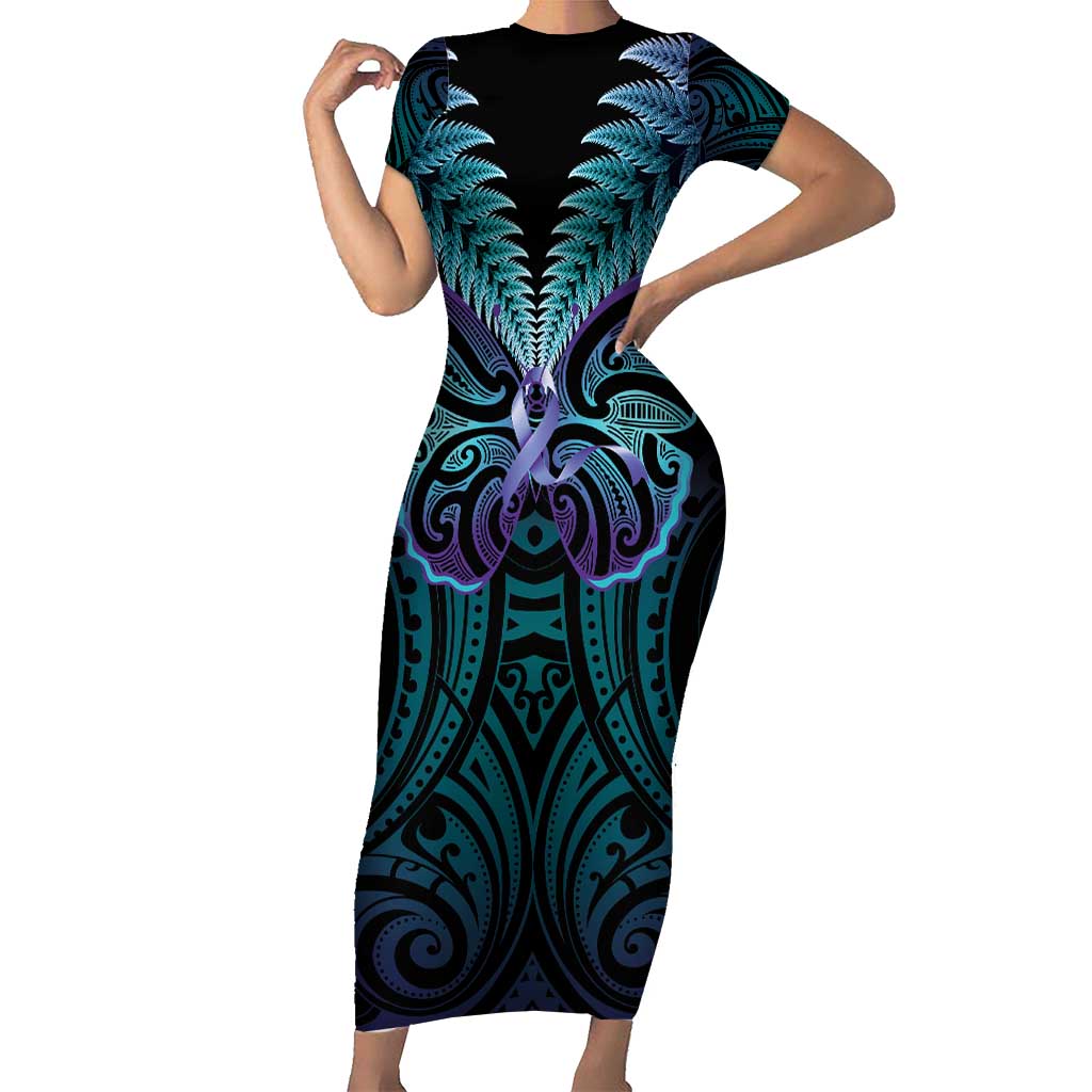 Suicide Prevention New Zealand Family Matching Short Sleeve Bodycon Dress and Hawaiian Shirt Aotearoa Maori Butterfly Mix Silver Fern LT14 Mom's Dress Black - Polynesian Pride