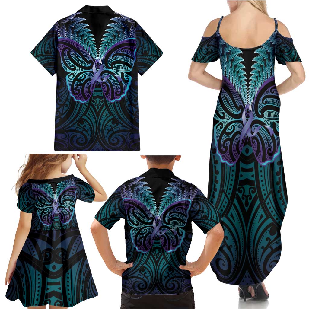 Suicide Prevention New Zealand Family Matching Summer Maxi Dress and Hawaiian Shirt Aotearoa Maori Butterfly Mix Silver Fern LT14 - Polynesian Pride