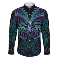 Suicide Prevention New Zealand Family Matching Summer Maxi Dress and Hawaiian Shirt Aotearoa Maori Butterfly Mix Silver Fern LT14 Dad's Shirt - Long Sleeve Black - Polynesian Pride