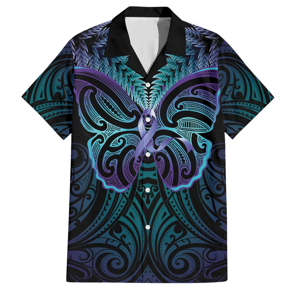 Suicide Prevention New Zealand Family Matching Tank Maxi Dress and Hawaiian Shirt Aotearoa Maori Butterfly Mix Silver Fern LT14 Dad's Shirt - Short Sleeve Black - Polynesian Pride
