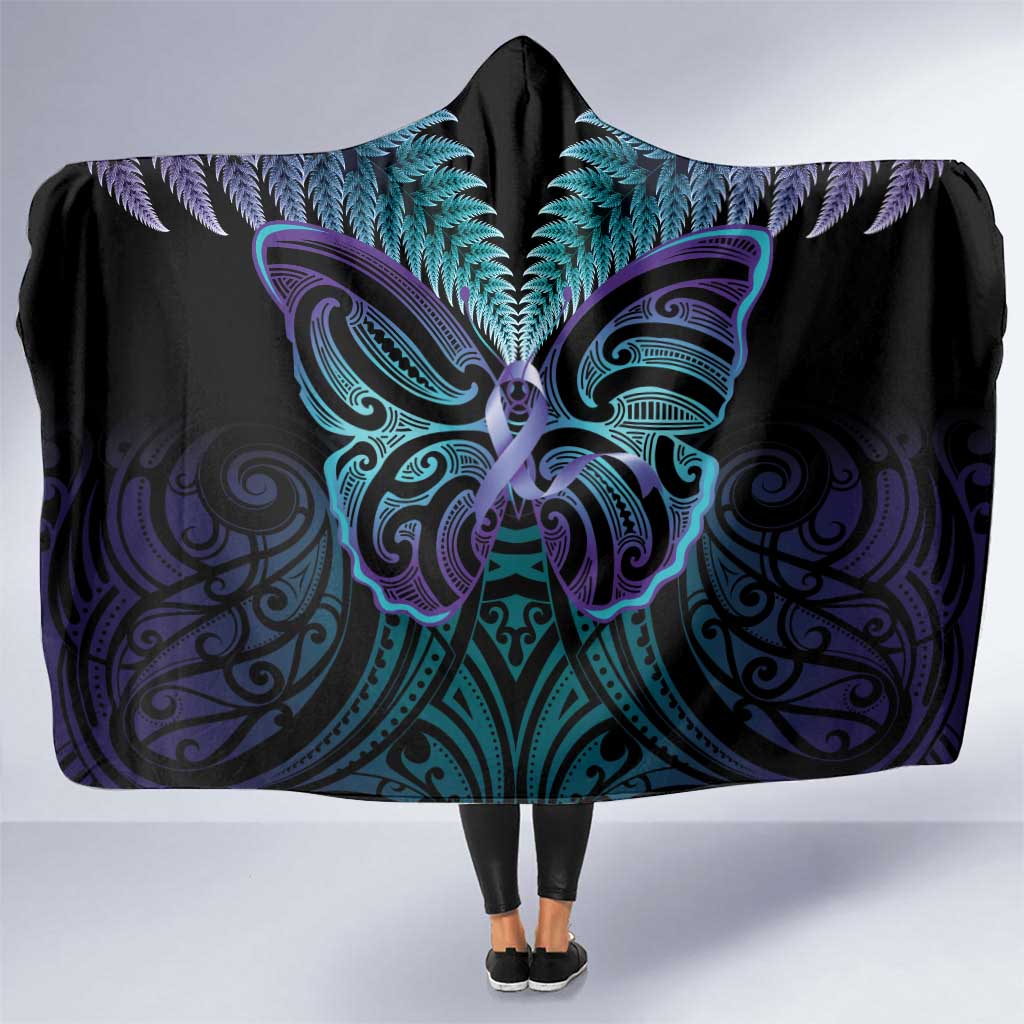 Suicide Prevention New Zealand Hooded Blanket Aotearoa Maori Butterfly Mix Silver Fern LT14 One Size Black - Polynesian Pride
