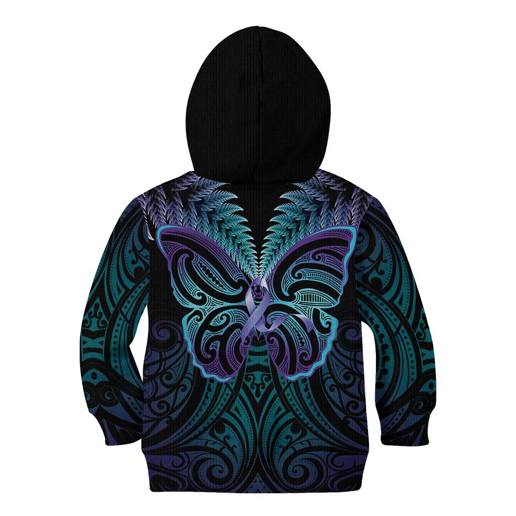 Suicide Prevention New Zealand Kid Hoodie Aotearoa Maori Butterfly Mix Silver Fern LT14 - Polynesian Pride