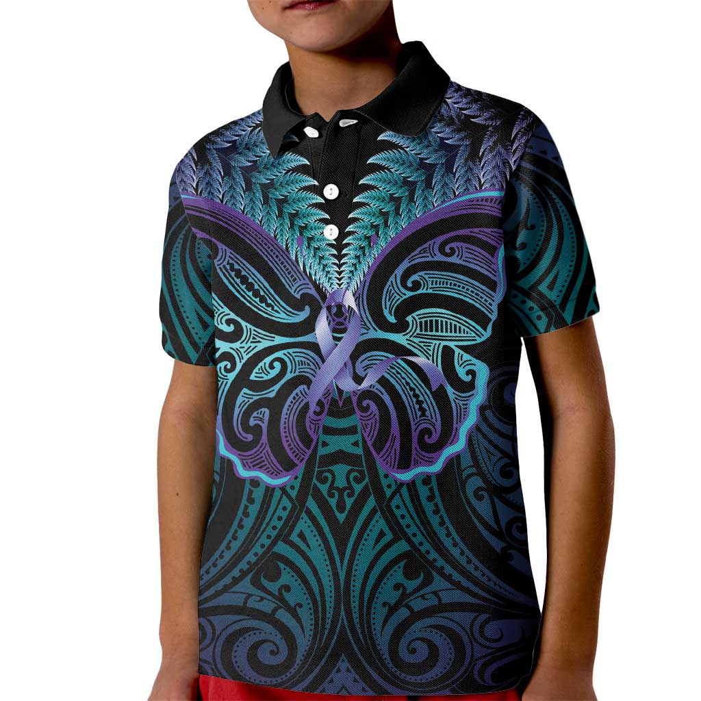 Suicide Prevention New Zealand Kid Polo Shirt Aotearoa Maori Butterfly Mix Silver Fern LT14 Kid Black - Polynesian Pride