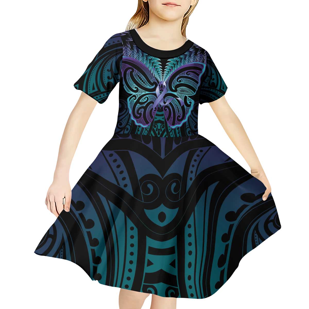 Suicide Prevention New Zealand Kid Short Sleeve Dress Aotearoa Maori Butterfly Mix Silver Fern LT14 - Polynesian Pride
