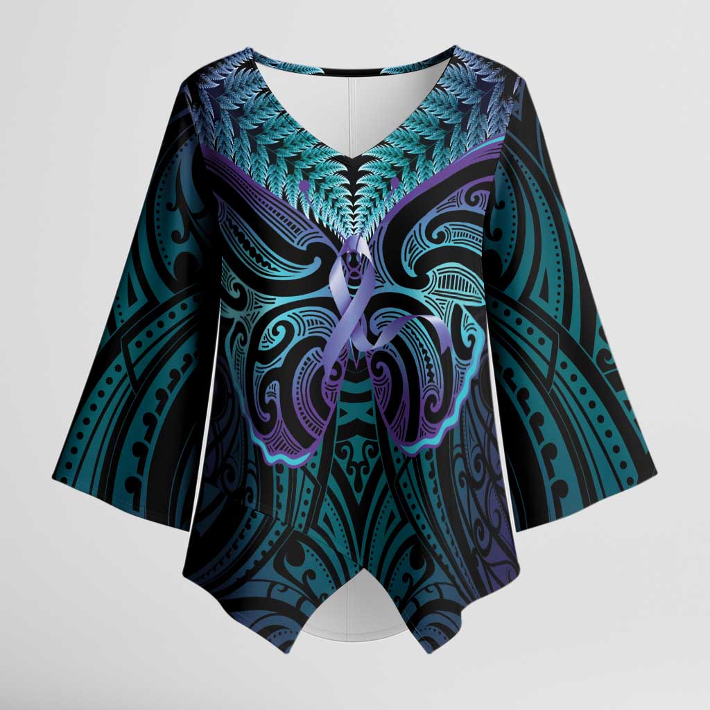 Suicide Prevention New Zealand Kimono Sleeve Blouse Aotearoa Maori Butterfly Mix Silver Fern LT14 Female Black - Polynesian Pride