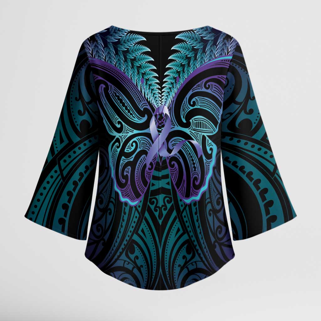 Suicide Prevention New Zealand Kimono Sleeve Blouse Aotearoa Maori Butterfly Mix Silver Fern LT14 - Polynesian Pride