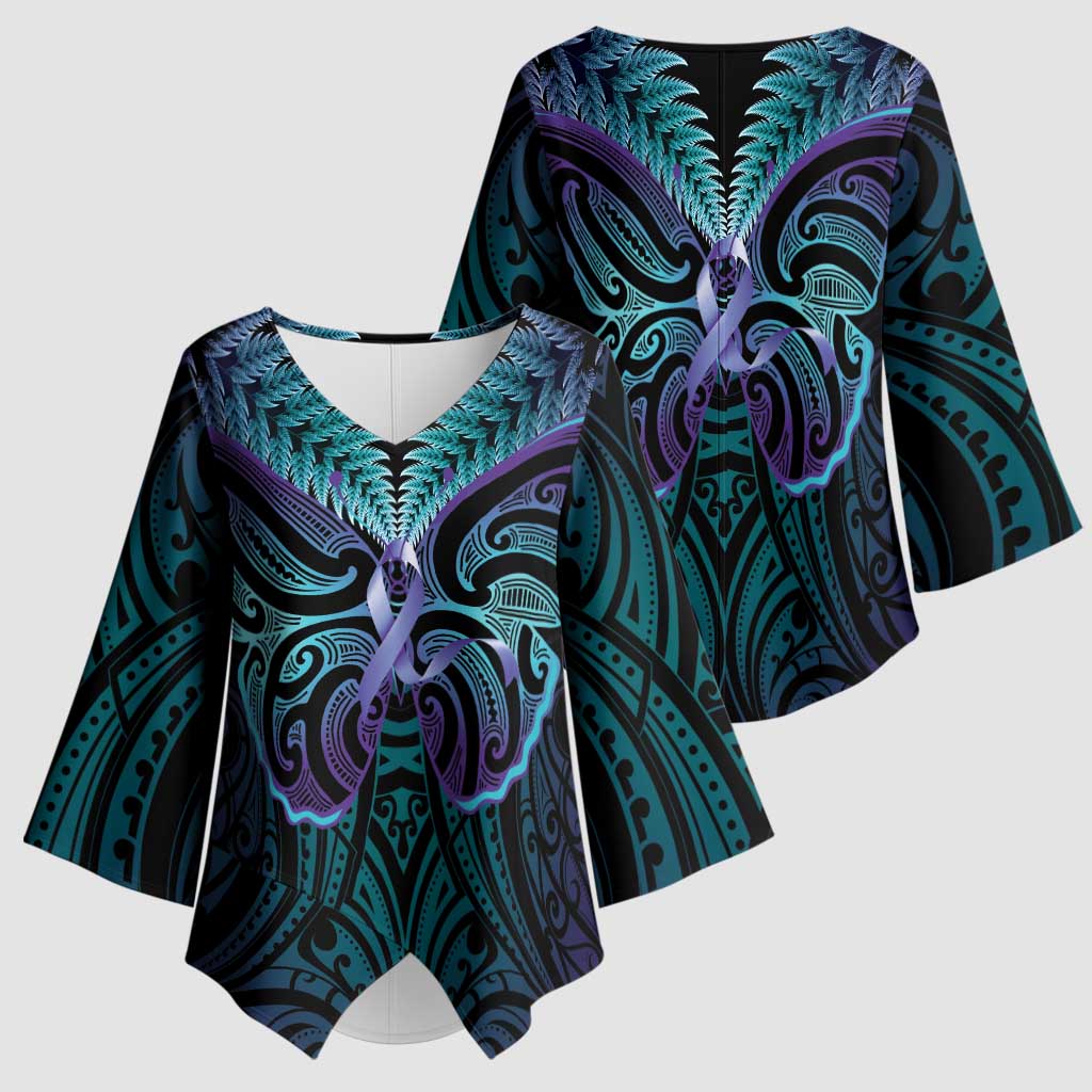 Suicide Prevention New Zealand Kimono Sleeve Blouse Aotearoa Maori Butterfly Mix Silver Fern LT14 - Polynesian Pride
