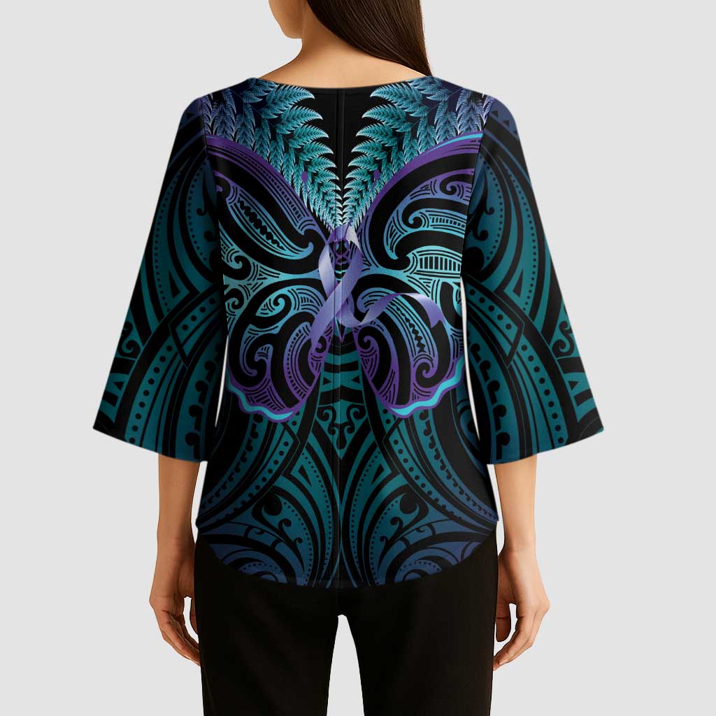 Suicide Prevention New Zealand Kimono Sleeve Blouse Aotearoa Maori Butterfly Mix Silver Fern LT14 - Polynesian Pride