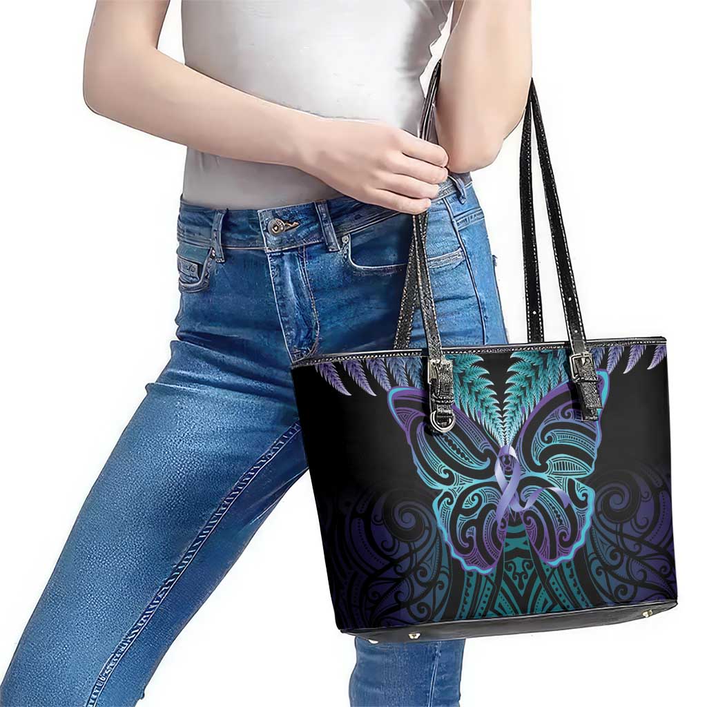 Suicide Prevention New Zealand Leather Tote Bag Aotearoa Maori Butterfly Mix Silver Fern LT14 - Polynesian Pride
