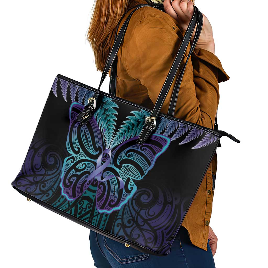Suicide Prevention New Zealand Leather Tote Bag Aotearoa Maori Butterfly Mix Silver Fern LT14 - Polynesian Pride