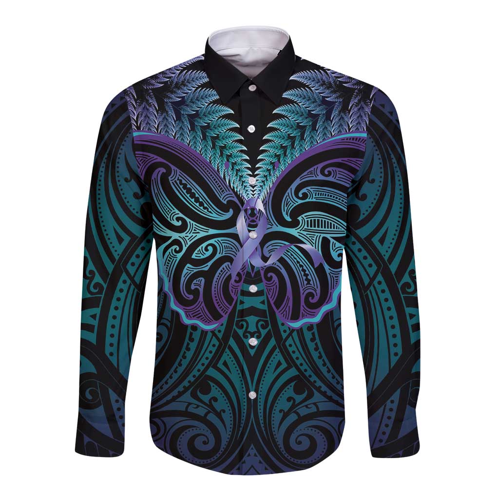 Suicide Prevention New Zealand Long Sleeve Button Shirt Aotearoa Maori Butterfly Mix Silver Fern LT14 Unisex Black - Polynesian Pride