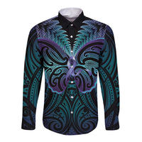 Suicide Prevention New Zealand Long Sleeve Button Shirt Aotearoa Maori Butterfly Mix Silver Fern LT14 Unisex Black - Polynesian Pride