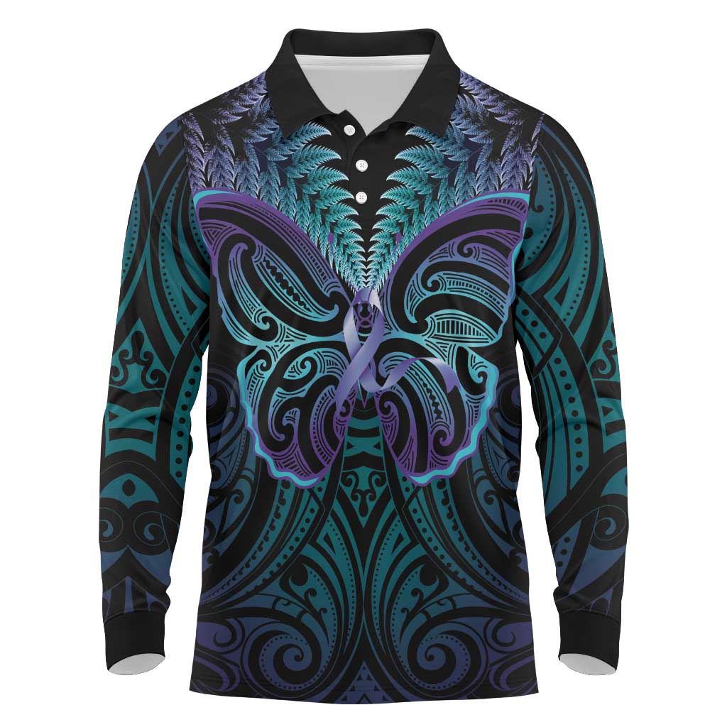 Suicide Prevention New Zealand Long Sleeve Polo Shirt Aotearoa Maori Butterfly Mix Silver Fern LT14 Black - Polynesian Pride