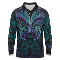 Suicide Prevention New Zealand Long Sleeve Polo Shirt Aotearoa Maori Butterfly Mix Silver Fern LT14 Black - Polynesian Pride