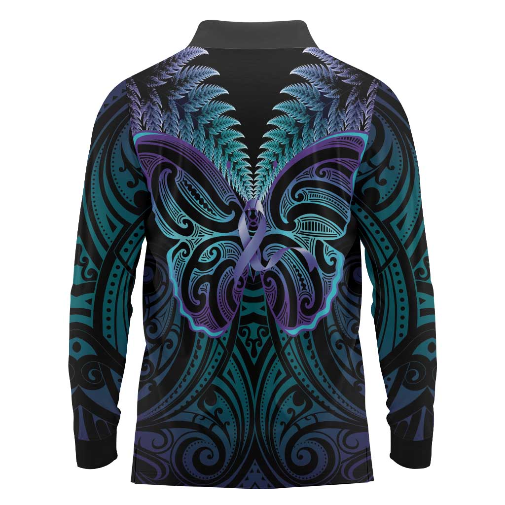 Suicide Prevention New Zealand Long Sleeve Polo Shirt Aotearoa Maori Butterfly Mix Silver Fern LT14 - Polynesian Pride