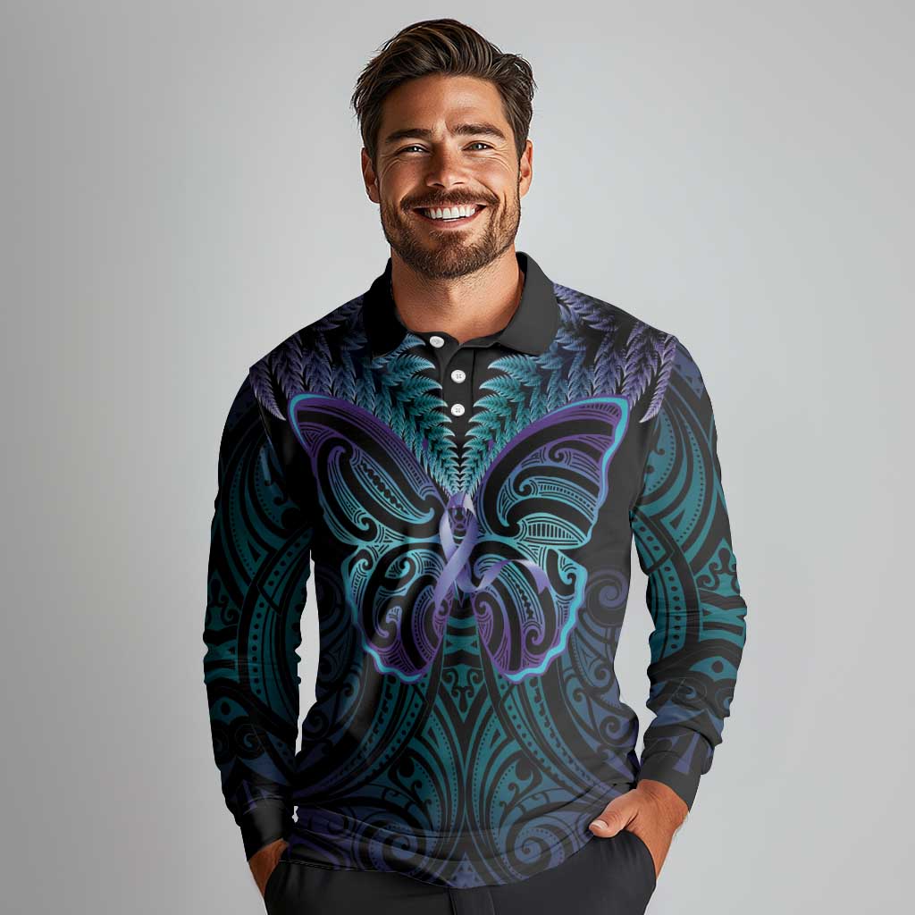 Suicide Prevention New Zealand Long Sleeve Polo Shirt Aotearoa Maori Butterfly Mix Silver Fern LT14 - Polynesian Pride