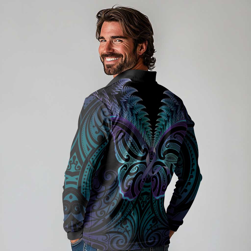 Suicide Prevention New Zealand Long Sleeve Polo Shirt Aotearoa Maori Butterfly Mix Silver Fern LT14 - Polynesian Pride