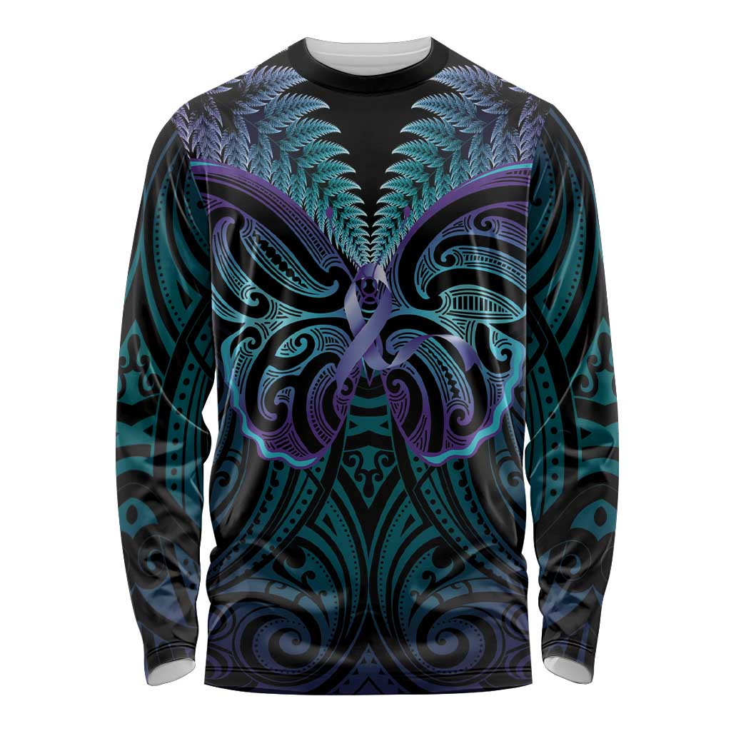Suicide Prevention New Zealand Long Sleeve Shirt Aotearoa Maori Butterfly Mix Silver Fern LT14 Unisex Black - Polynesian Pride