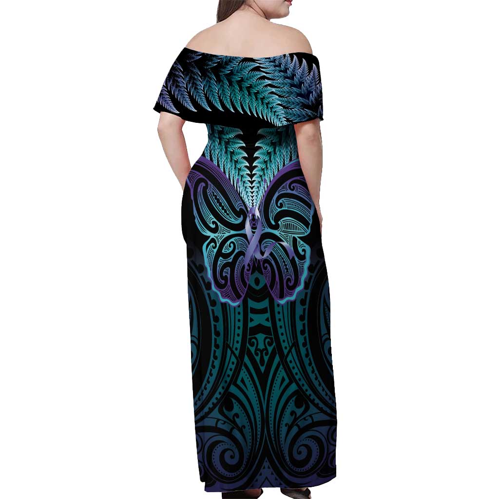 Suicide Prevention New Zealand Off Shoulder Maxi Dress Aotearoa Maori Butterfly Mix Silver Fern LT14 - Polynesian Pride