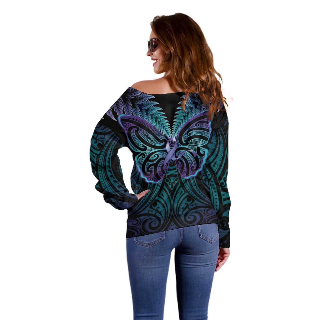 Suicide Prevention New Zealand Off Shoulder Sweater Aotearoa Maori Butterfly Mix Silver Fern - Polynesian Pride