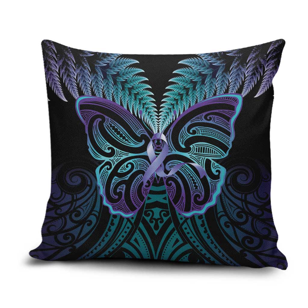 Suicide Prevention New Zealand Pillow Cover Aotearoa Maori Butterfly Mix Silver Fern LT14 Black - Polynesian Pride