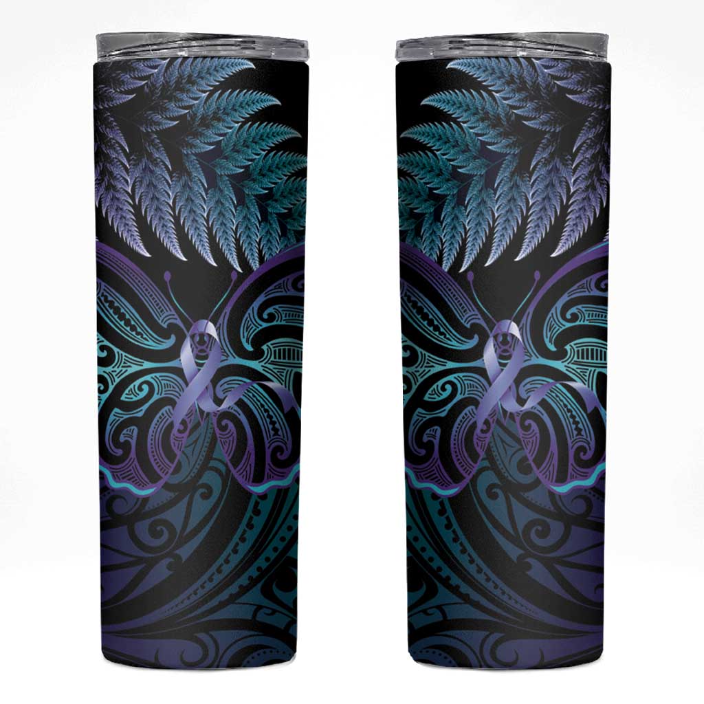 Suicide Prevention New Zealand Skinny Tumbler Aotearoa Maori Butterfly Mix Silver Fern LT14 Black - Polynesian Pride