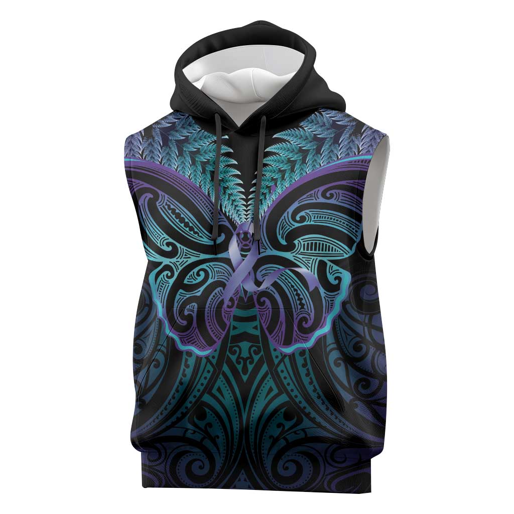 Suicide Prevention New Zealand Sleeveless Hoodie Aotearoa Maori Butterfly Mix Silver Fern LT14 Black - Polynesian Pride