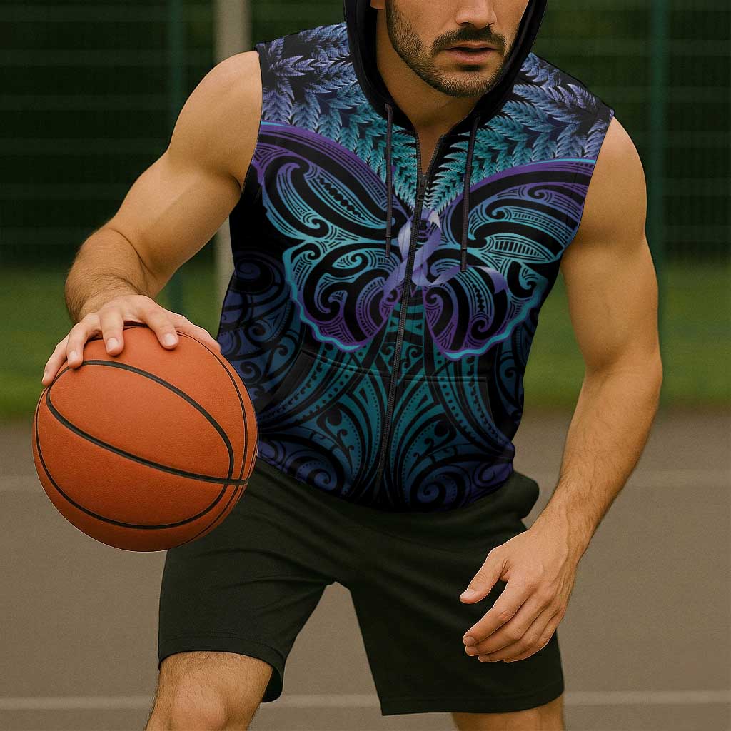 Suicide Prevention New Zealand Sleeveless Zip Hoodie Aotearoa Maori Butterfly Mix Silver Fern LT14 - Polynesian Pride
