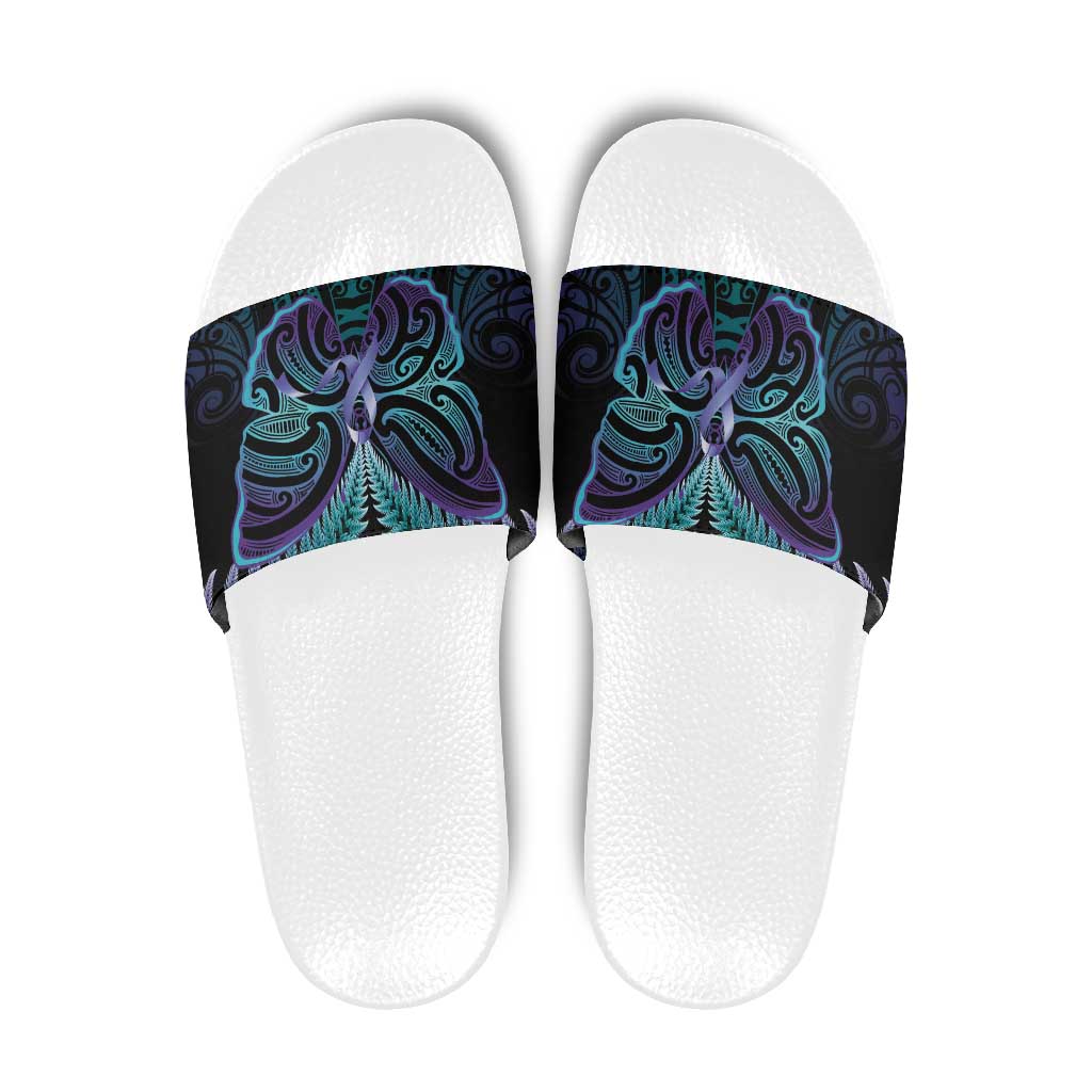 Suicide Prevention New Zealand Slide Sandals Aotearoa Maori Butterfly Mix Silver Fern LT14 Black - Polynesian Pride