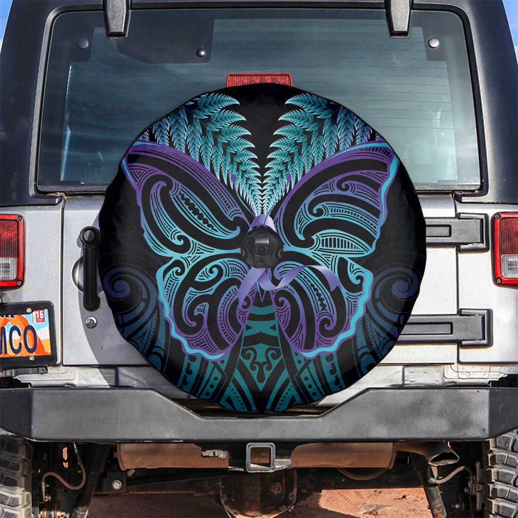 Suicide Prevention New Zealand Spare Tire Cover Aotearoa Maori Butterfly Mix Silver Fern LT14 Black - Polynesian Pride