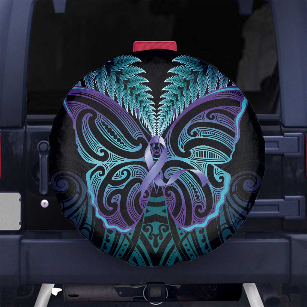 Suicide Prevention New Zealand Spare Tire Cover Aotearoa Maori Butterfly Mix Silver Fern LT14 No hole Black - Polynesian Pride