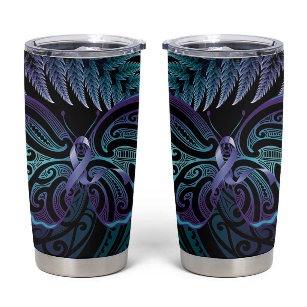 Suicide Prevention New Zealand Tumbler Cup Aotearoa Maori Butterfly Mix Silver Fern LT14 Black - Polynesian Pride