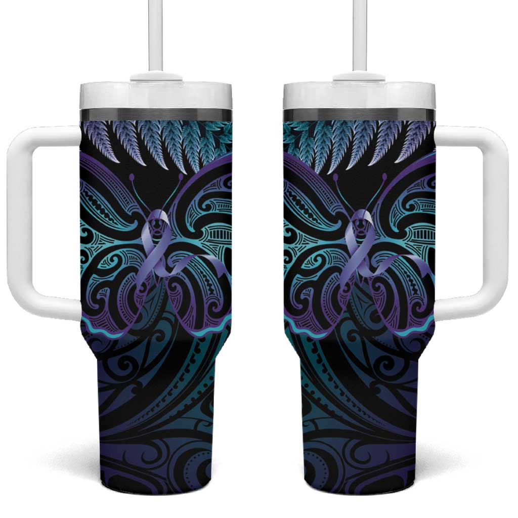 Suicide Prevention New Zealand Tumbler With Handle Aotearoa Maori Butterfly Mix Silver Fern LT14 One Size: 40 oz Black - Polynesian Pride