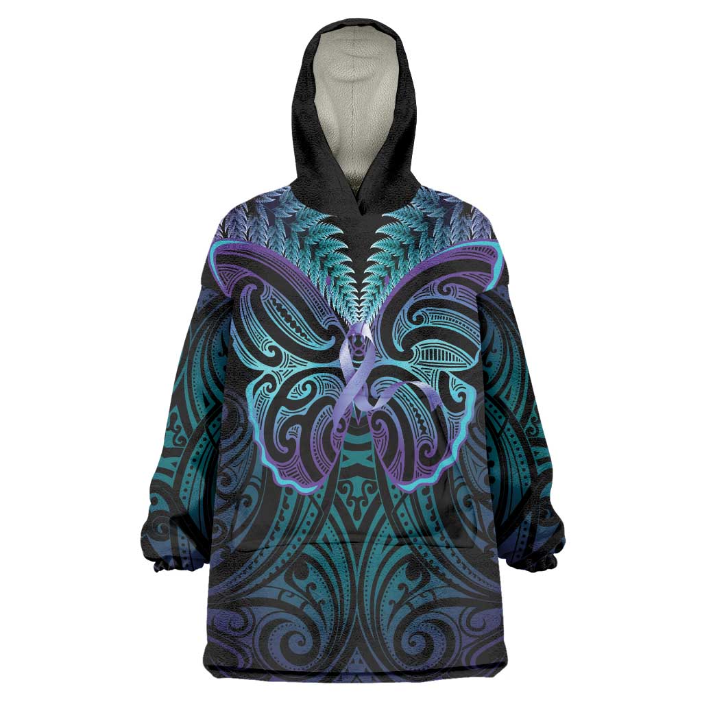 Suicide Prevention New Zealand Wearable Blanket Hoodie Aotearoa Maori Butterfly Mix Silver Fern LT14 One Size Black - Polynesian Pride
