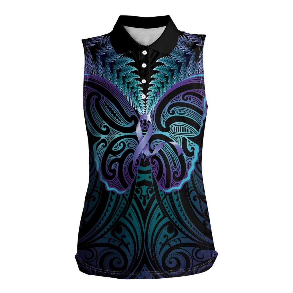 Suicide Prevention New Zealand Women Sleeveless Polo Shirt Aotearoa Maori Butterfly Mix Silver Fern LT14 Female Black - Polynesian Pride