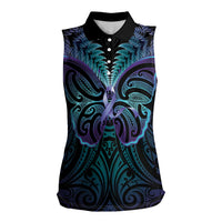 Suicide Prevention New Zealand Women Sleeveless Polo Shirt Aotearoa Maori Butterfly Mix Silver Fern LT14 Female Black - Polynesian Pride